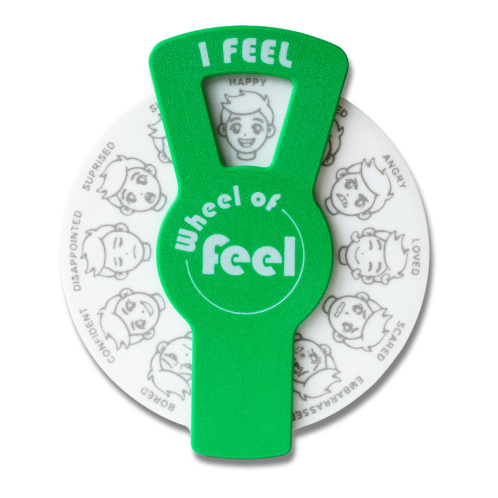 Green Wheel of Feel for kids – emotional regulation tool and fidget with boy face design.