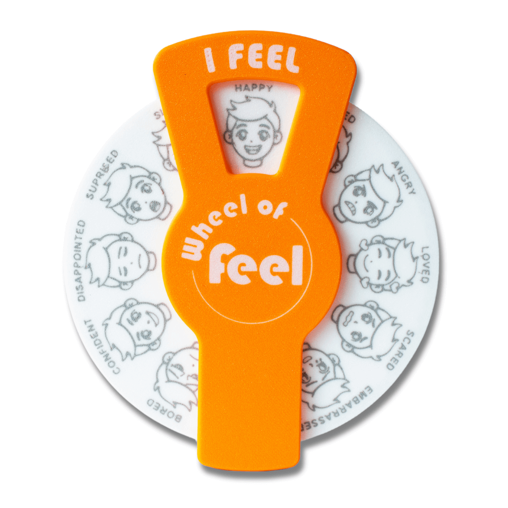 Orange feelings wheel for boys – Wheel of Feel SEL resource for emotional regulation in kids