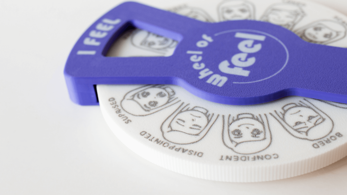 Purple emotions wheel on a table – Wheel of Feel SEL tool for emotional learning in children and teens
